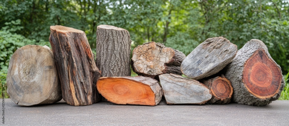 Poster diverse pile of sawn and felled tree trunks showcasing various diameters and colors in a natural out