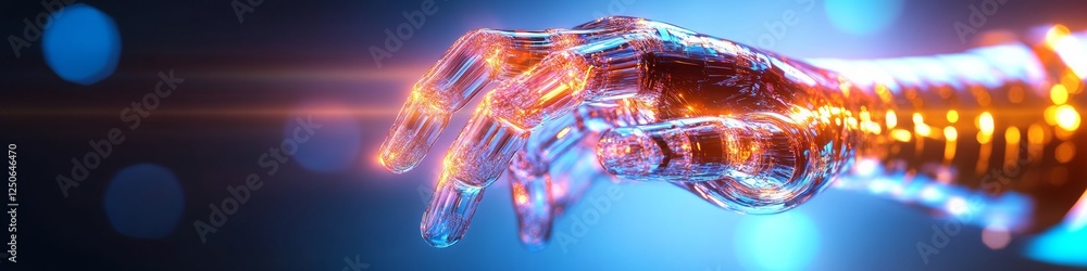 Poster Futuristic Lab Innovation Transparent Robotic Hand in Neon Blue Light for Tech Advancements - Cutting-Edge Biomedical Development and AI Integration