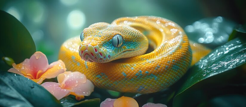Vibrant green tree python coiled among lush foliage and delicate flowers in a serene, misty rainforest setting.