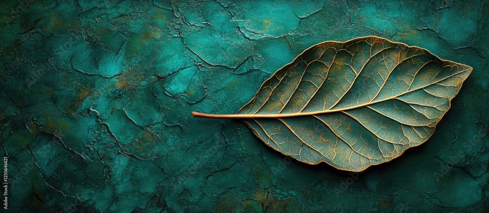 Poster textured green leaf on a turquoise surface creating a serene natural background for design and artis