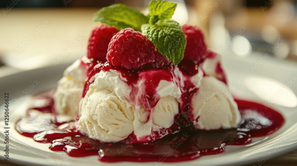 Poster Delicious ice cream sundae with raspberry sauce mint leaves and fresh raspberries on a white plate in a tempting dessert display