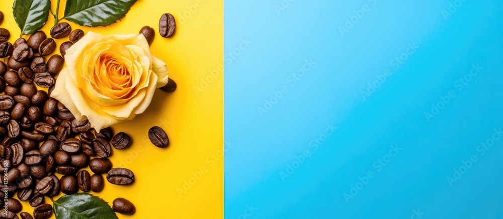 Poster rose and yellow coffee beans on vibrant blue and yellow background with natural elements and blank s