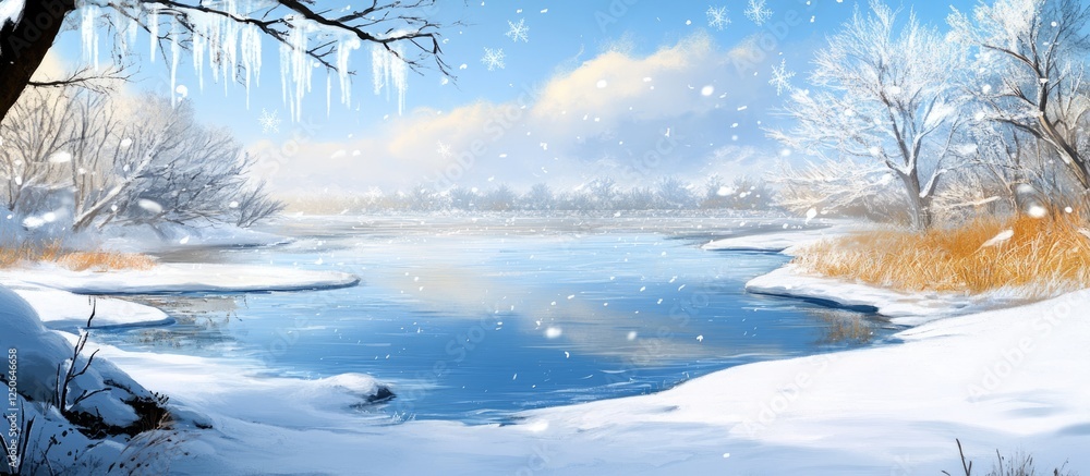 Poster tranquil winter river landscape with ice formations and snowy trees under a bright blue sky creating