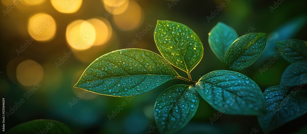 Poster lush green tree leaves glisten in sunlight with a soft bokeh background creating a serene and refres