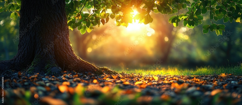 Poster serene morning light filtering through lush green trees creating a tranquil nature background