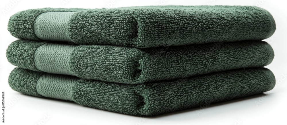 Poster stack of three green towels arranged neatly on a white background showcasing texture and color for h