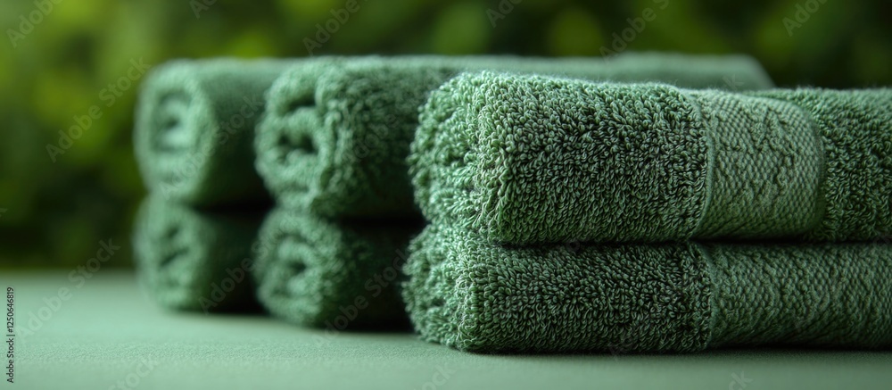 Poster freshly rolled green towels stacked neatly on a soft surface with a blurred green background for a c