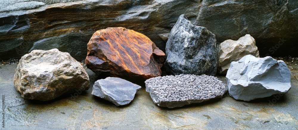 Poster collection of various rocks suitable for construction and landscaping purposes displayed on a textur