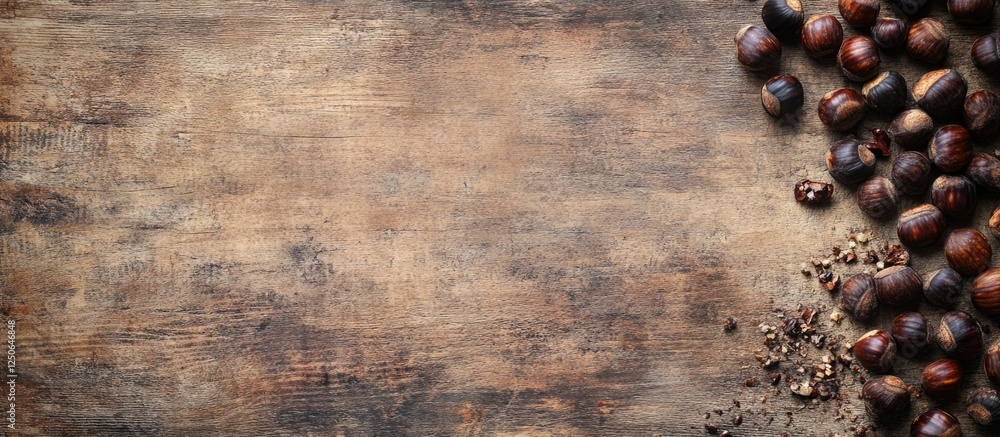 Poster Roasted chestnuts on rustic wooden background with ample empty space for text or branding applications