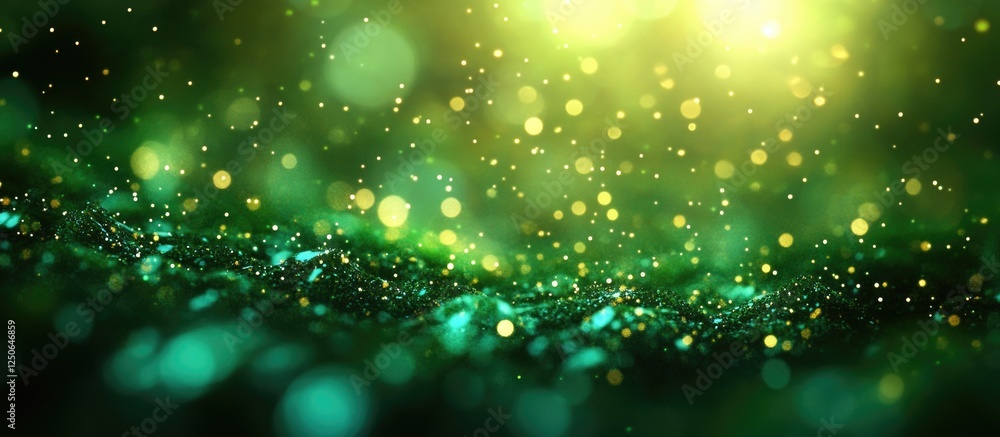 Poster green bokeh abstract light background with shimmering particles for artistic and festive design proj