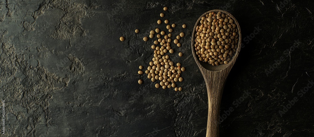 Poster raw lentils in a wooden spoon with scattered lentils on a textured dark grey background showcasing n