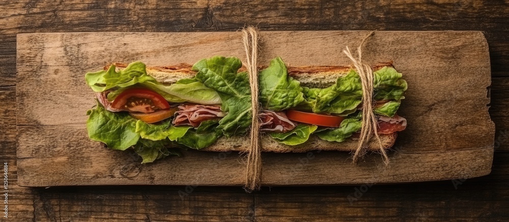 Poster freshly made sandwich wrapped with twine displayed on a rustic wooden board surrounded by vibrant le