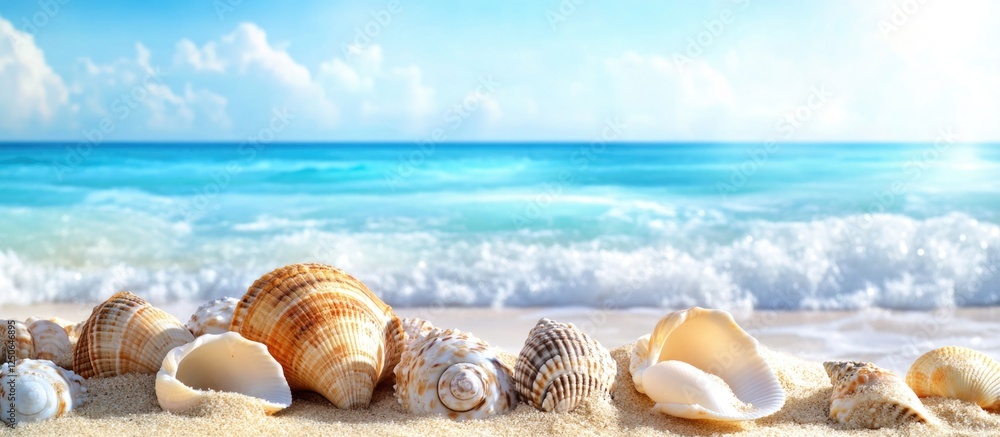 Poster scenic beach landscape with an array of sea shells and calm blue waters under a bright sky