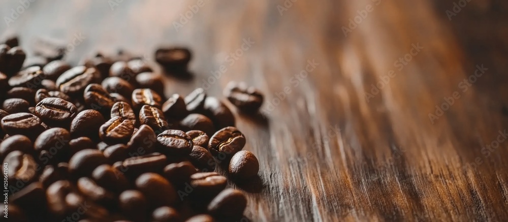 Poster roasted coffee beans on wooden surface with selective focus creating a warm and inviting background 