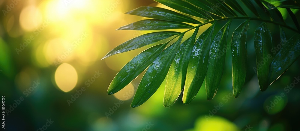 Poster lush green palm leaf texture with sunlight and bokeh effect in a tropical paradise setting such as t