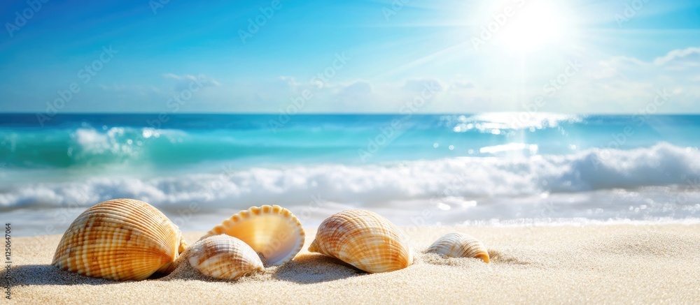 Poster coastal scene featuring shells on sandy beach with vibrant blue ocean waves and bright sunlight crea