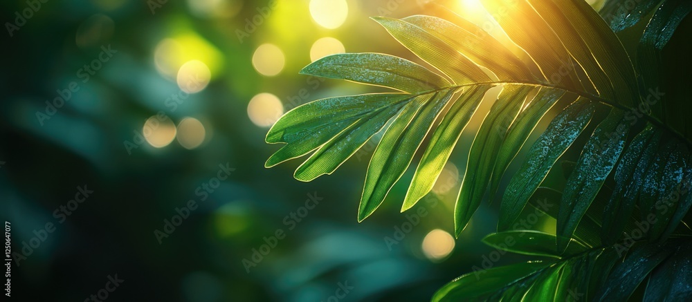 Aufkleber lush green palm leaf texture with soft sunlight and bokeh background creating a serene tropical atmo
