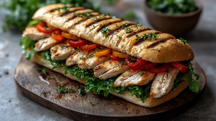 Grilled chicken sandwich with peppers and lettuce on a baguette.