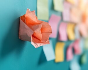 Post-It Note Brainstorm Colorful Sticky Notes on Teal Wall in Creative Workspace - Inspiring Innovation and Collaborative Solutions in Modern Business Environments