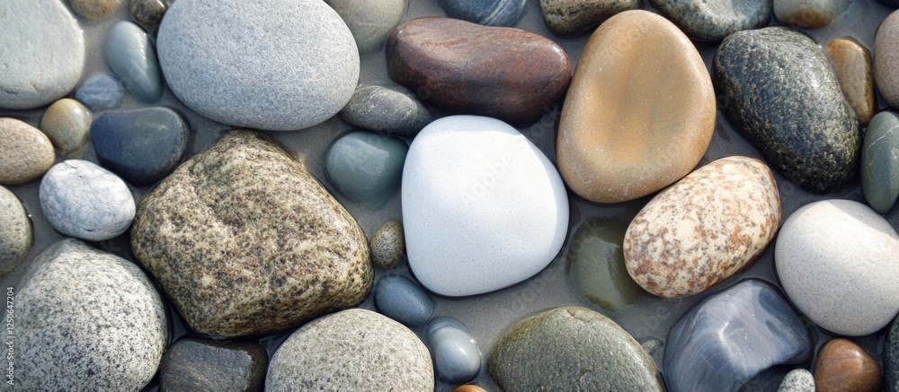 Poster smooth pebbles and stones on a serene sea coast showcasing natural textures and colors for beach or 