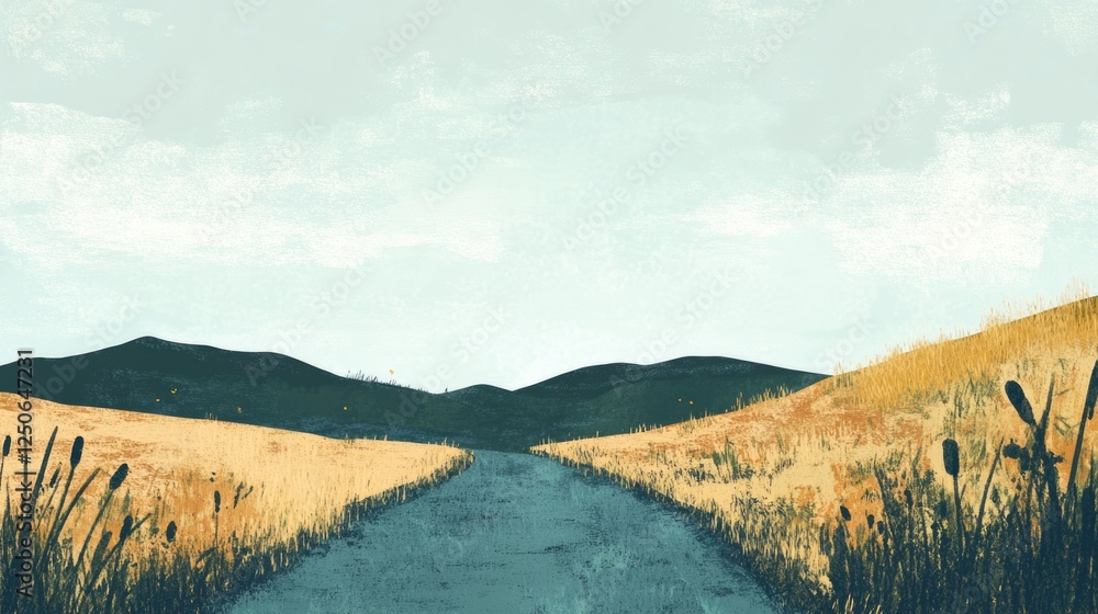 Poster serene rural landscape with a winding road through golden fields and rolling hills under a soft clou