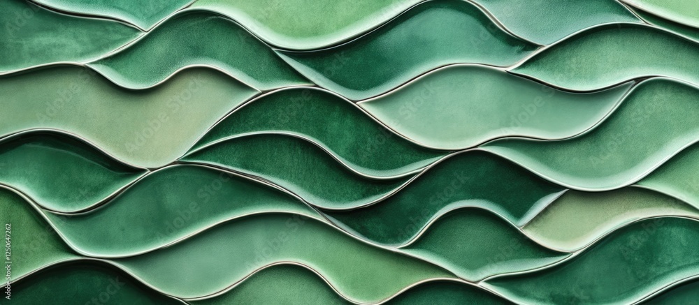 Poster textured green terracotta tiles in wavy design with ample space for text or branding on a smooth bac