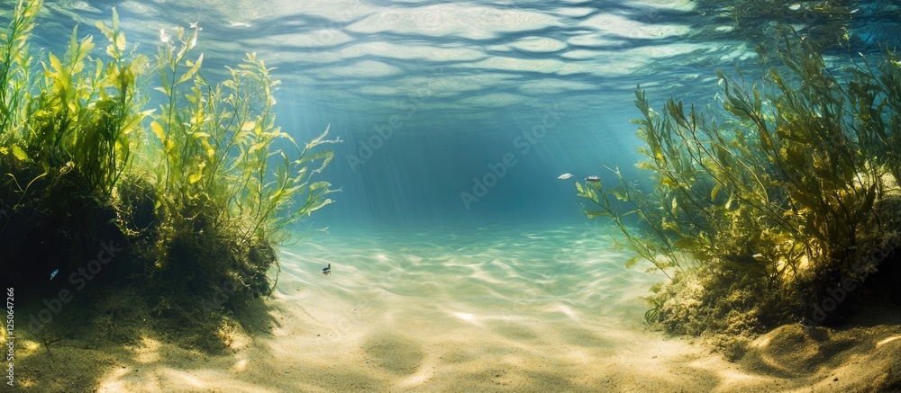 Poster underwater view of sandy bottom with lush aquatic plants and sunlight filtering through clear water 