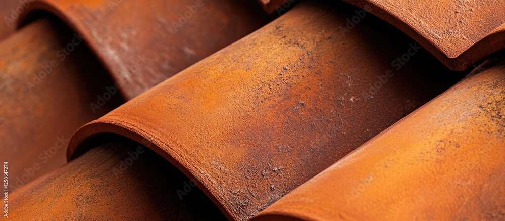 Poster terracotta roof tiles stacked in an artistic arrangement showcasing texture and color variations for