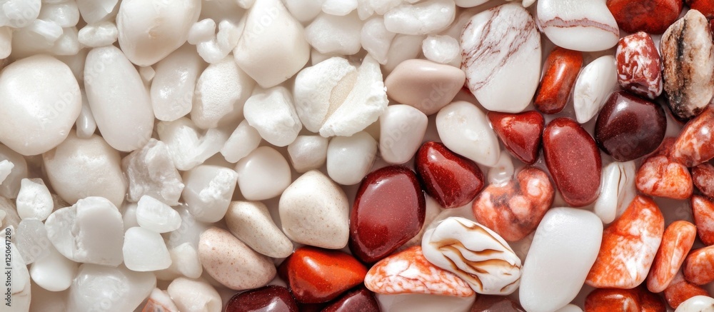 Poster Colorful collection of smooth sea pebbles in white and red tones arranged in a harmonious pattern ideal for backgrounds and design projects
