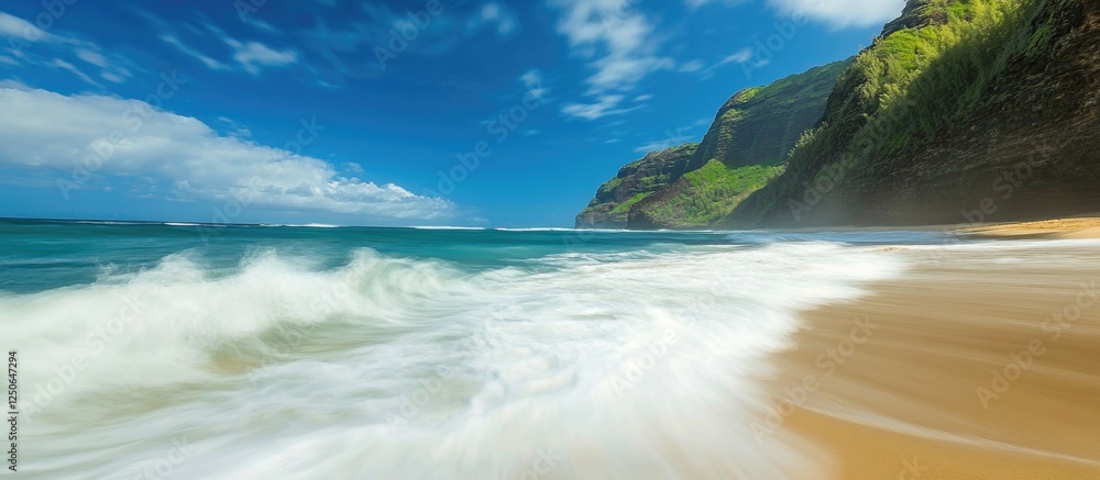 Poster dynamic sea waves crashing on shore with blurred coastal landscape under a clear blue sky in the bac