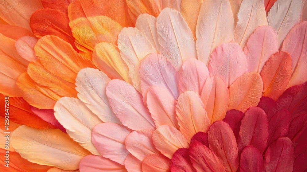 Poster colorful arrangement of delicate feathers in shades of pink and orange creating a vibrant and textur