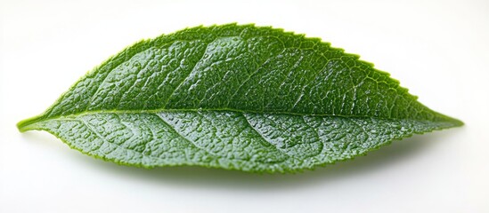 Obraz premium Fresh green tea leaf isolated on a white background showcasing texture and vibrant color for use in food or wellness themed projects.