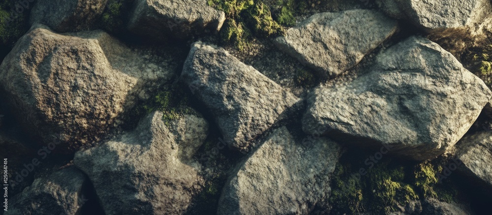 Aufkleber Natural stone wall texture with uneven surface and moss accents for background design and architectural applications