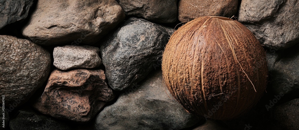 Poster textured rock wall background with a rustic coconut shell resting against it, showcasing natural ele