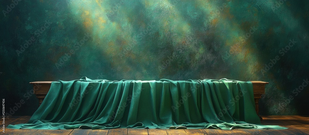 Poster elegant green tablecloth draped on rustic table creating a perfect backdrop for product montages and