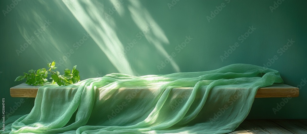 Poster lush green tablecloth draped elegantly on a table with soft light creating a serene atmosphere for p