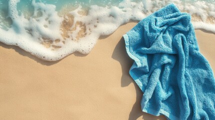 Fototapeta premium Blue Towel on Sandy Beach with Gentle Waves and Ocean Foam