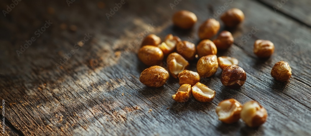 Poster roasted and peeled peanuts scattered on a rustic wooden surface showcasing texture and natural color