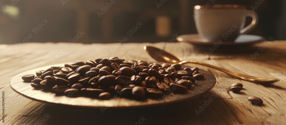 Aufkleber Scattered coffee beans on a plate with a blurred cup and spoon in the background on a rustic wooden table setting