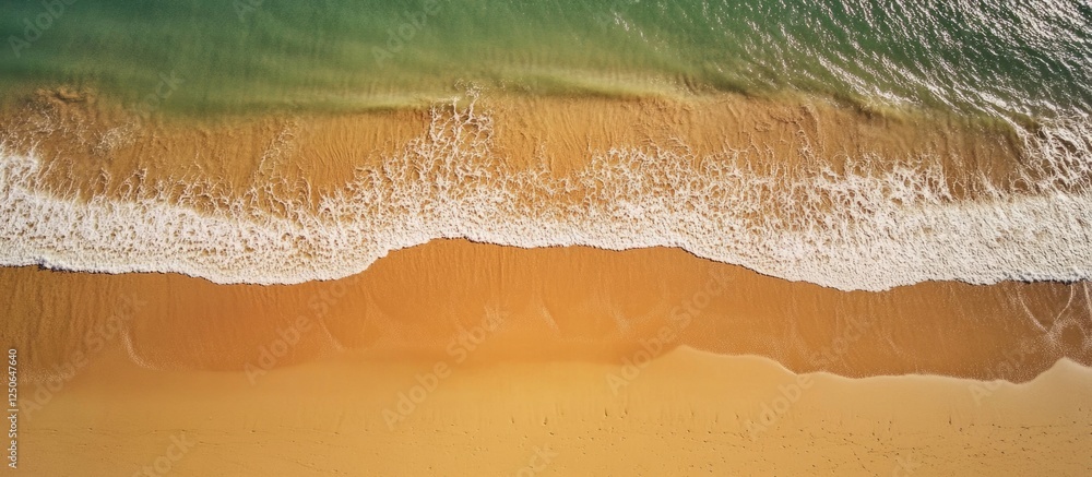 Aufkleber Aerial view of sandy beach with gentle waves creating natural textures and patterns on the shoreline.
