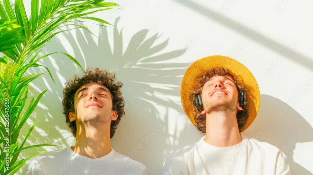 Poster Sunlit Office Relaxation Two Young Professionals Enjoy Biohacking Break with Wearable Tech and Greenery Enhancing Work Wellness and Productivity with Natural Vibes