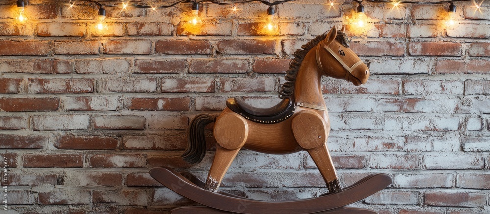 Aufkleber rocking horse against a rustic brick wall adorned with warm light bulb garland creating a cozy and n