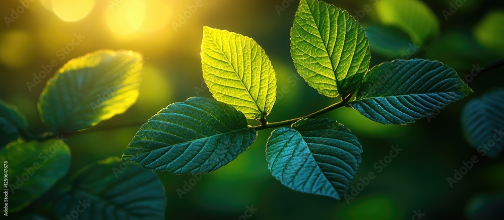 Poster abstract green foliage texture featuring illuminated tree leaves with a blurred background evoking a