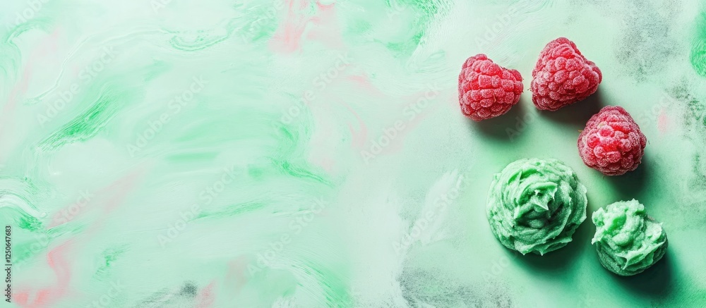 Poster Fresh Raspberry and Mint Cream for Cake Decoration with Empty Space for Creative Text Insert