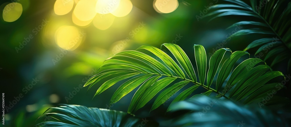 Poster vibrant green sugar palm leaf background with soft sunlight and bokeh effect creating a serene tropi