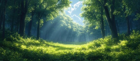 Obraz premium Serene sunlight illuminating a lush green summer forest with vibrant foliage and tranquil natural scenery.