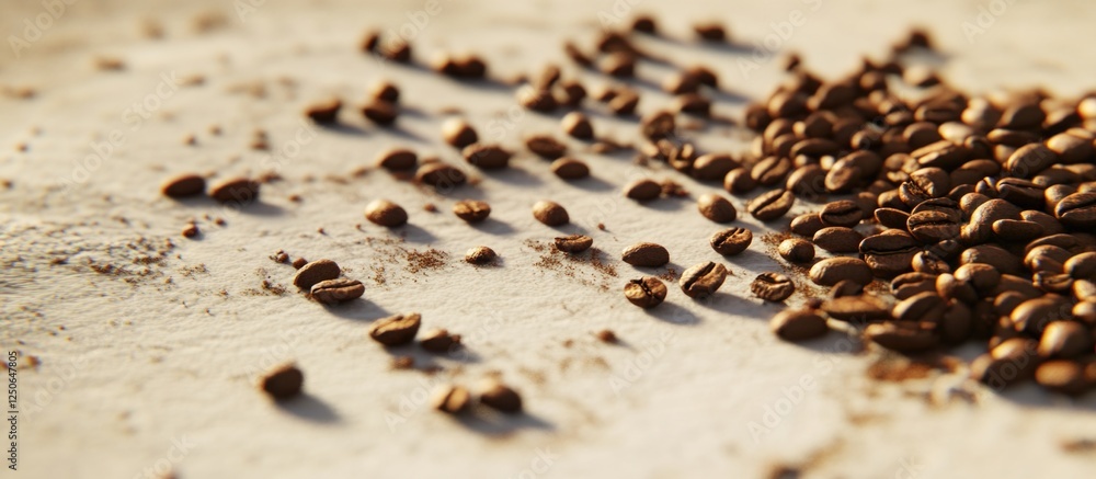 Poster roasted coffee beans scattered on a light backdrop highlighting texture and organic qualities in a s