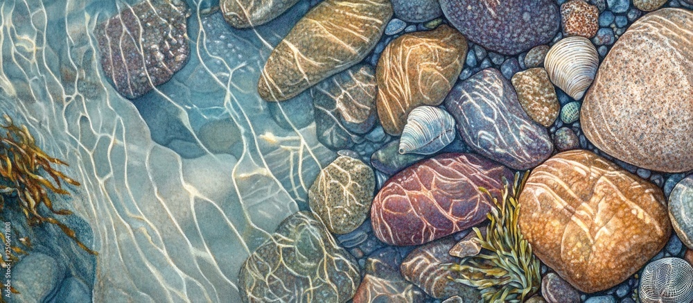 Sticker Detailed texture of colorful stones and water patterns in a serene rock pool environment showcasing nature's intricate beauty.