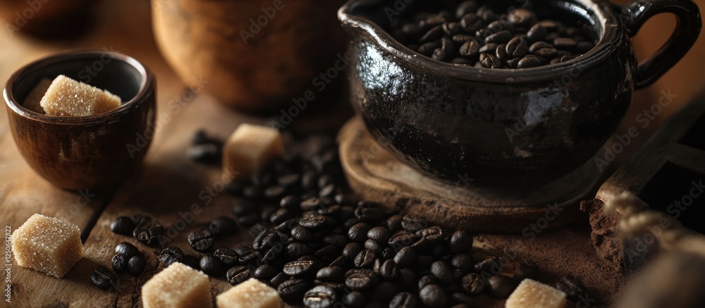Poster roasted coffee beans in ceramic pots with brown sugar cubes on a rustic wooden surface showcasing a 