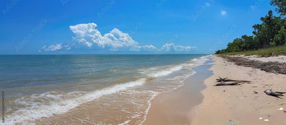 Poster serene sandy beach under clear blue sky with gentle waves and lush greenery in summer setting.